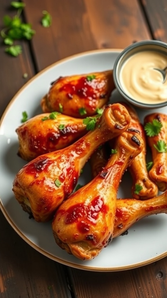 Spicy Baked Chicken Drumsticks Recipe A plate of crispy spicy baked chicken drumsticks garnished with herbs and served with dipping sauce.